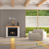 The DRT2000 Series of traditional direct vent gas fireplaces combine beauty, efficiency and value. Standard features include: dedicated top or rear flue, millivolt or electronic IPI/CPI ignition with seamless battery back-up, detailed ceramic fiber logs, black painted interior, tempered glass and standard protective screen barrier.