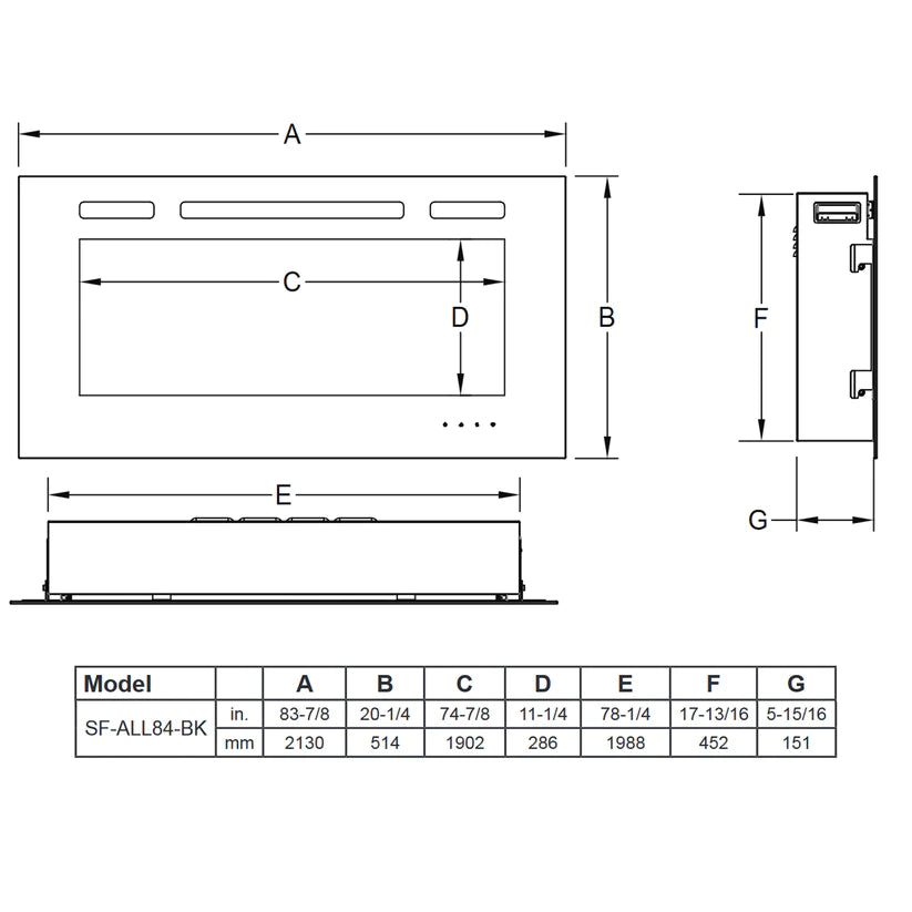 SimpliFire Allusion - Wall Mounted Electric Fireplace - 84"- SF-ALL84-BK