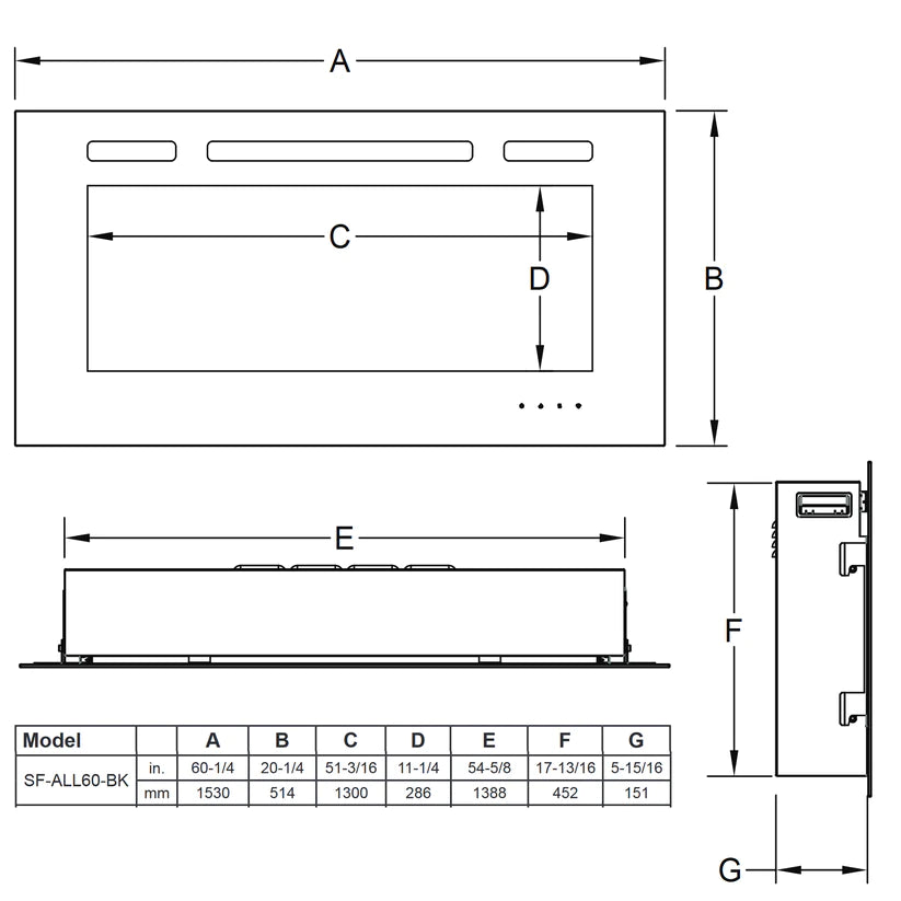 SimpliFire - 60" Allusion recessed linear electric fireplace -BK-ALL60-BK