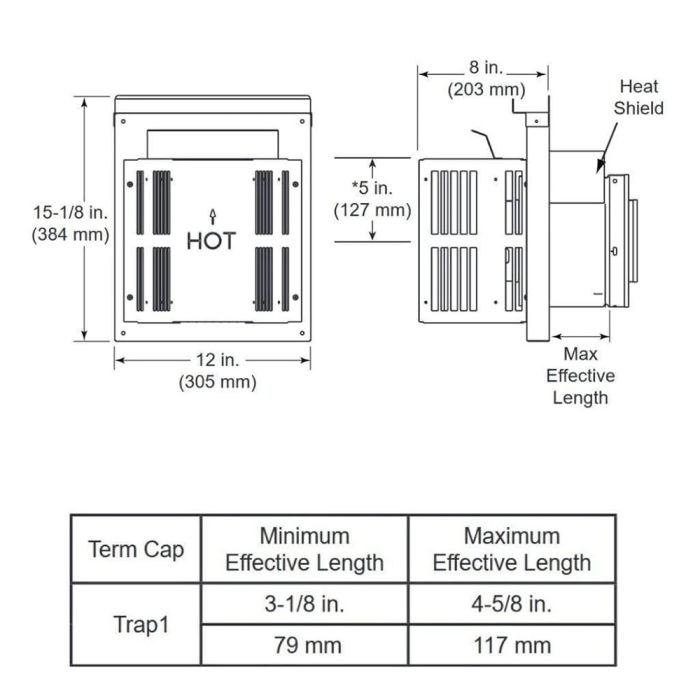 Majestic - Horizontal termination cap with short flue, attached slip and wall shield with heat shield, 3-1/8" - 4-5/8" (79-117mm)-DVP-TRAP1