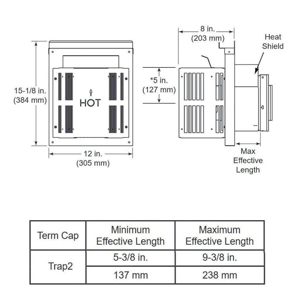 Majestic - Horizontal termination cap with long flue, attached slip and wall shield with heat shield, 5-3/8" - 9-3/8" (137 -238mm)-DVP-TRAP2